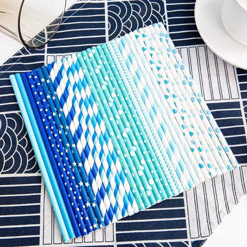 Kraft Paper Disposable Paper Straws, Degradable, Environmentally Friendly, Toilet Paper, Blue Series, Straight Straws