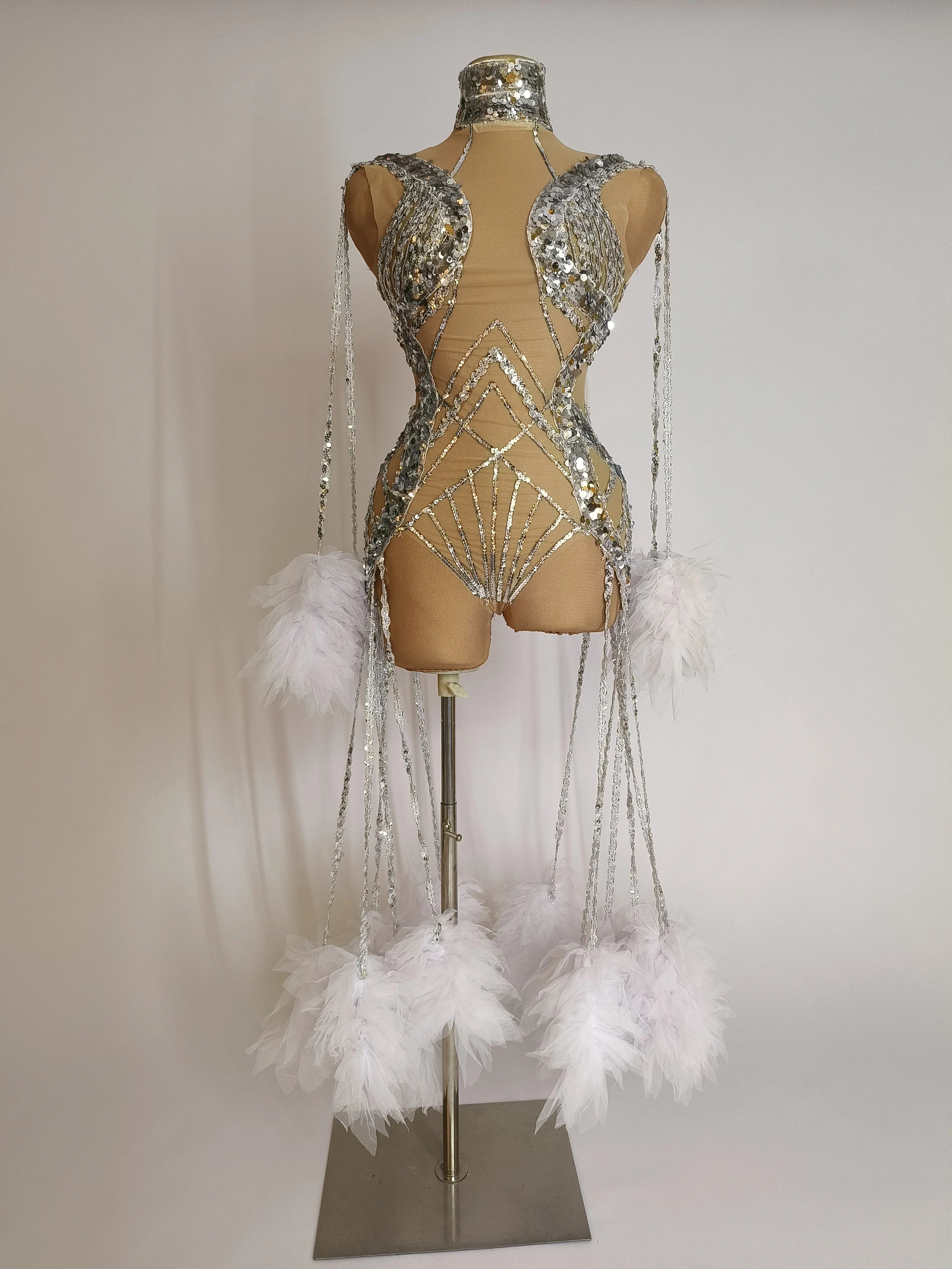 

Silver Sequins Tassel Bikini Mesh Fringe CoatThree-piece Set Party Outfit Nightclub DanceCostume Singer Dancer Stage Wear B183