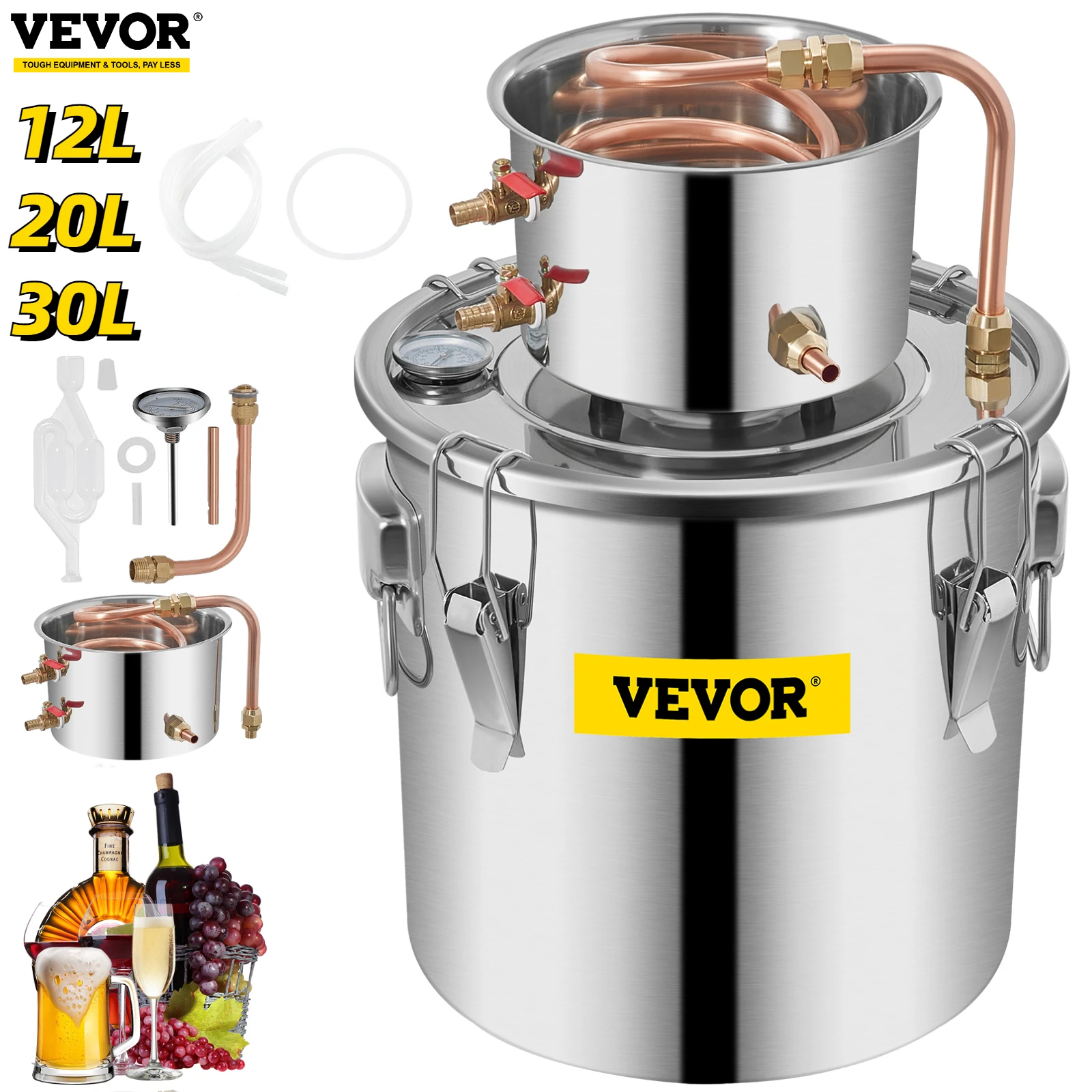3/8Gal 30L 2/3 Pot Alcohol Distiller Water Wine Moonshine Stainless Still Boiler 