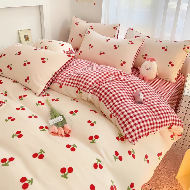 Ins Heart Duvet Cover Set No Filler Flat Sheet Pillowcases Korean Style Floral Single Double Full Size Soft Girl Boys Bed Linens
