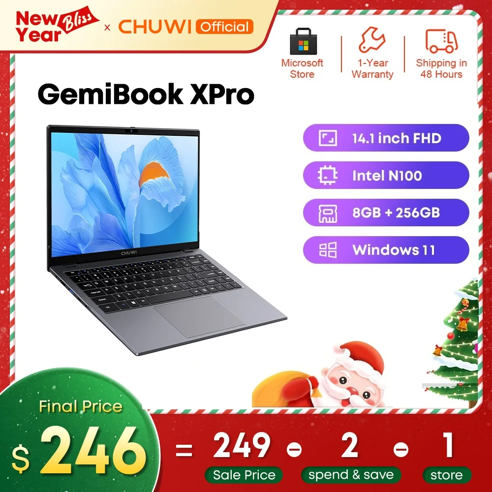 CHUWI-제미북 XPro 14.1 인치 UHD 스크린 인텔 N100 노트북, 8GB RAM 256GB SSD 쿼드코어 프로세서 Windows 11 WIFI AX101 랩탑 