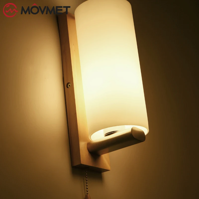 풀 와이어 스위치가 있는 목재 LED 벽 램프, 침대 옆 조명, 침실 통로, 주방 거실 장식, 레트로 빈티지 스콘스 E27