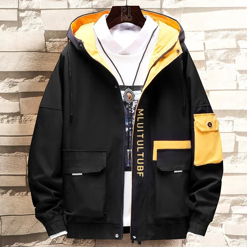 Mens Spring Autumn Jacket Zipper Casual Hooded Patchwork Windbreaker