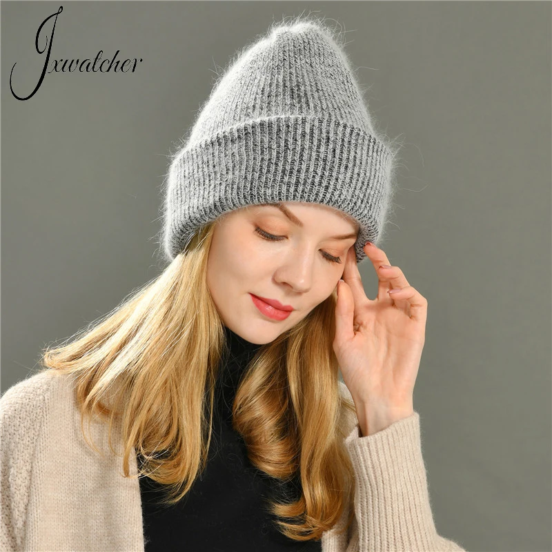 Jaxmonoy Knitted Beanie Hat for Women Long Rabbit Cashmere Double Layer Wool Winter Hats Thicken Warm Cuffed Skullies Girls Cap 3