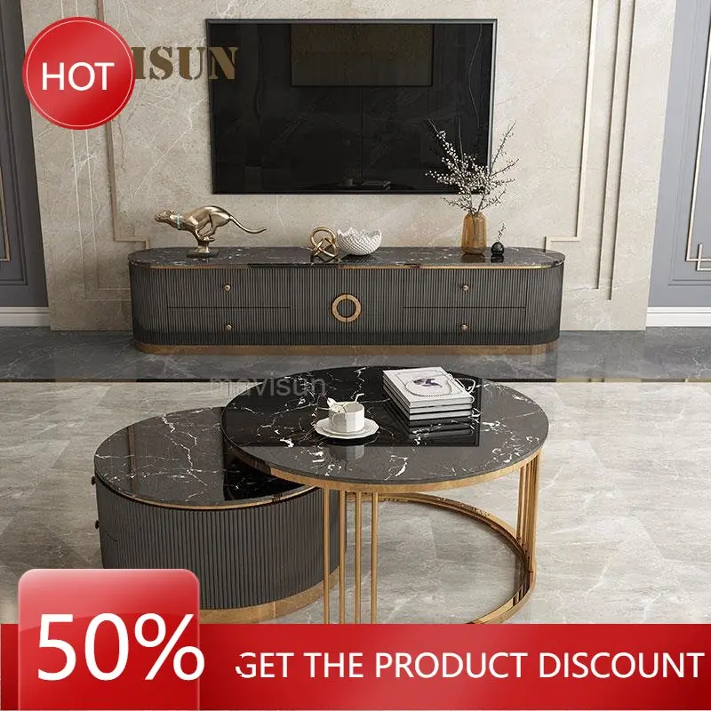 

A Set Of Two Marble Center Tables For Living Room Round Coffee Table And Rectangular Tv Cabinet Combination Home Furniture