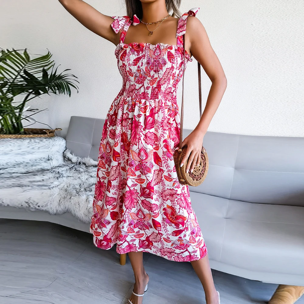 

Женское платье на бретельках с цветочным принтом, повседневное плиссированное платье средней длины без рукавов в стиле ретро для отпуска, лето