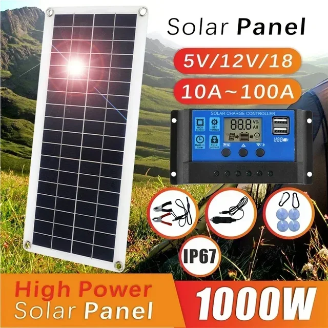 Panneau solaire pour téléphone, 20W-1000W, 12V, cellule solaire, contrôleur 100A, montres, voiture, chargeur MP3 PAD, alimentation de batterie extérieure, camping 1
