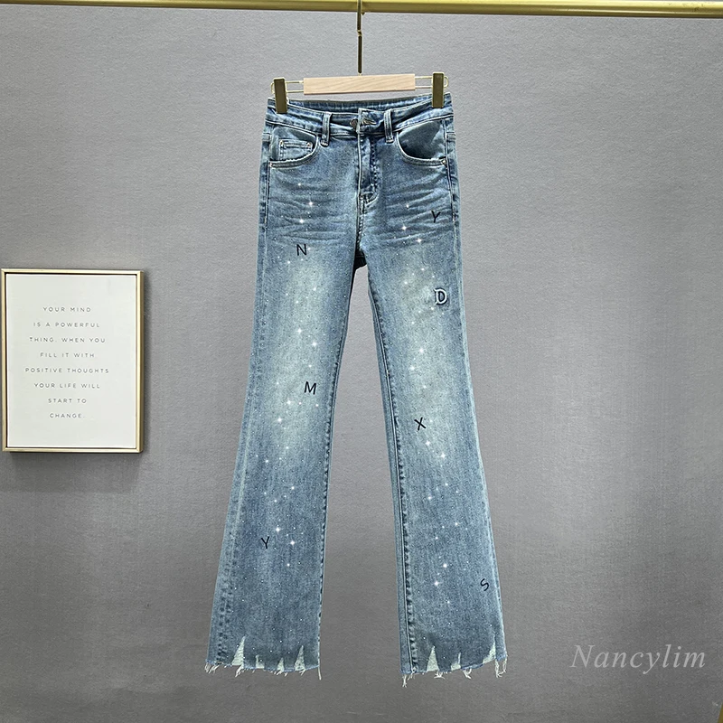 

Rhinestone Denim Bootcut Denim Jeans Women's Fashion 2024 New Spring Elastic High Waist Slimming European Lengthened Trousers