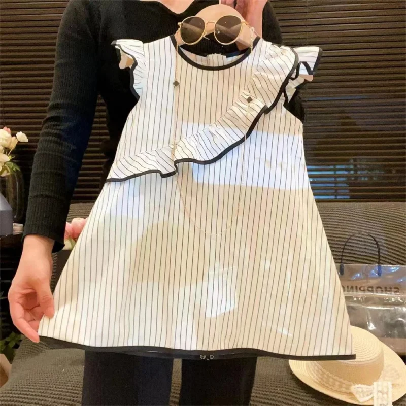

New Product2024Summer New French Striped Flying Sleeve Dress Irregular Sleeveless Children Girl's Dress