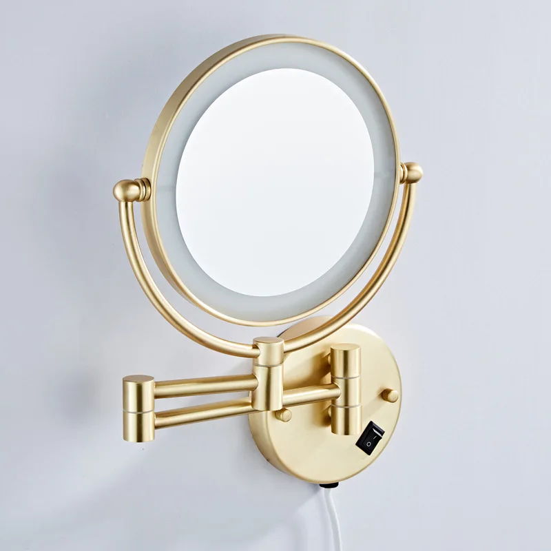 Brushed Gold LED Bathroom Mirrors Quality Brass Folding Magnifying Hotel Bathroom Makeup Mirror LED Light Bathroom Mirrors 4