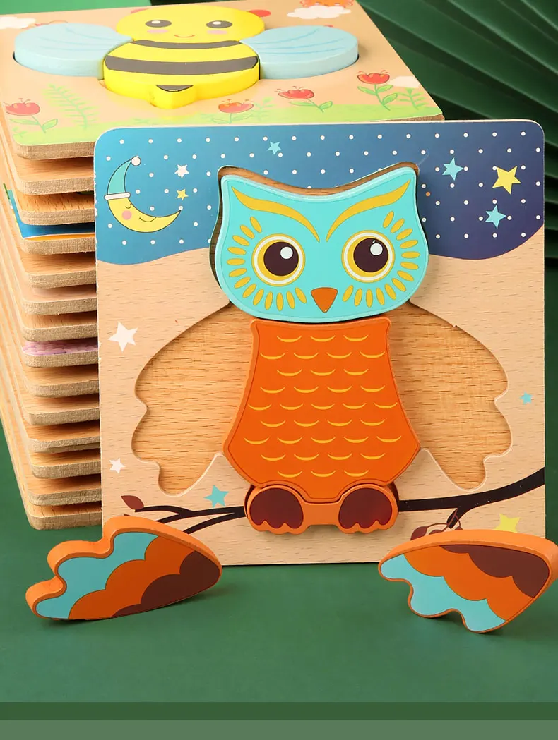 High Quality 3D Wooden Puzzles Educational Cartoon Animals Early Learning Cognition Intelligence Puzzle Game For Children Toys