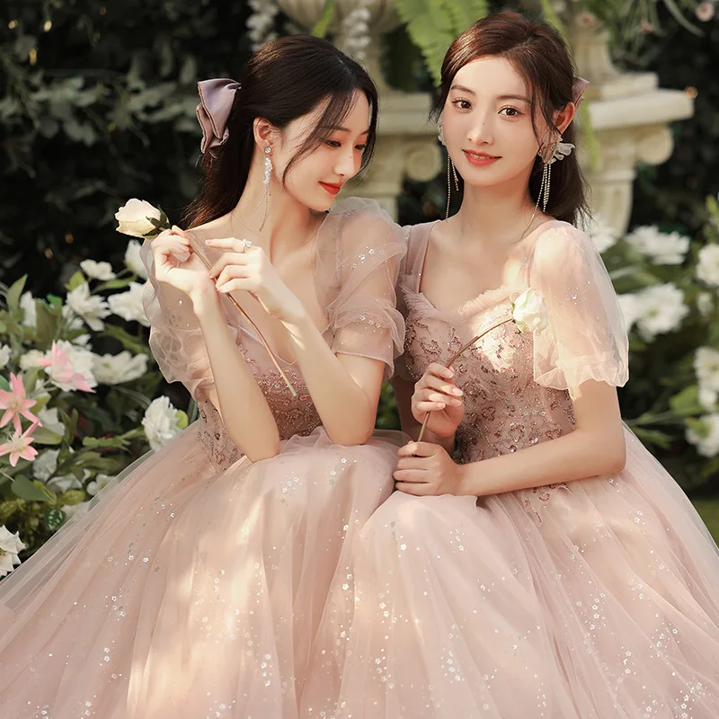 Blingling Sequins Bridesmaid Dress Women Pink Elegant Fairy Temperament Wedding Party Evening Dress Sisters Group Ball Gown