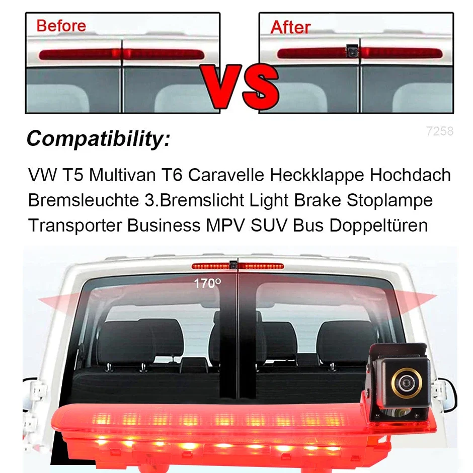 VW 트랜스포터 T5 T6 밴 2010 2019 AHD 1080P 170용 Ownice ° 피쉬아이 렌즈 LED 브레이크 라이트 차량 후방 카메라