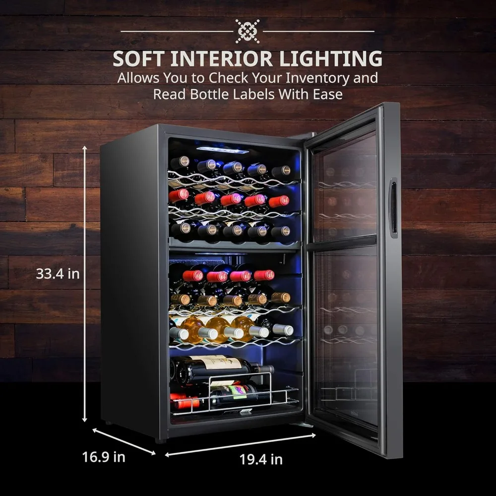33 Bottle Dual Zone Wine Cooler Refrigerator w/Lock Large Freestanding Wine Cellar For Red, White