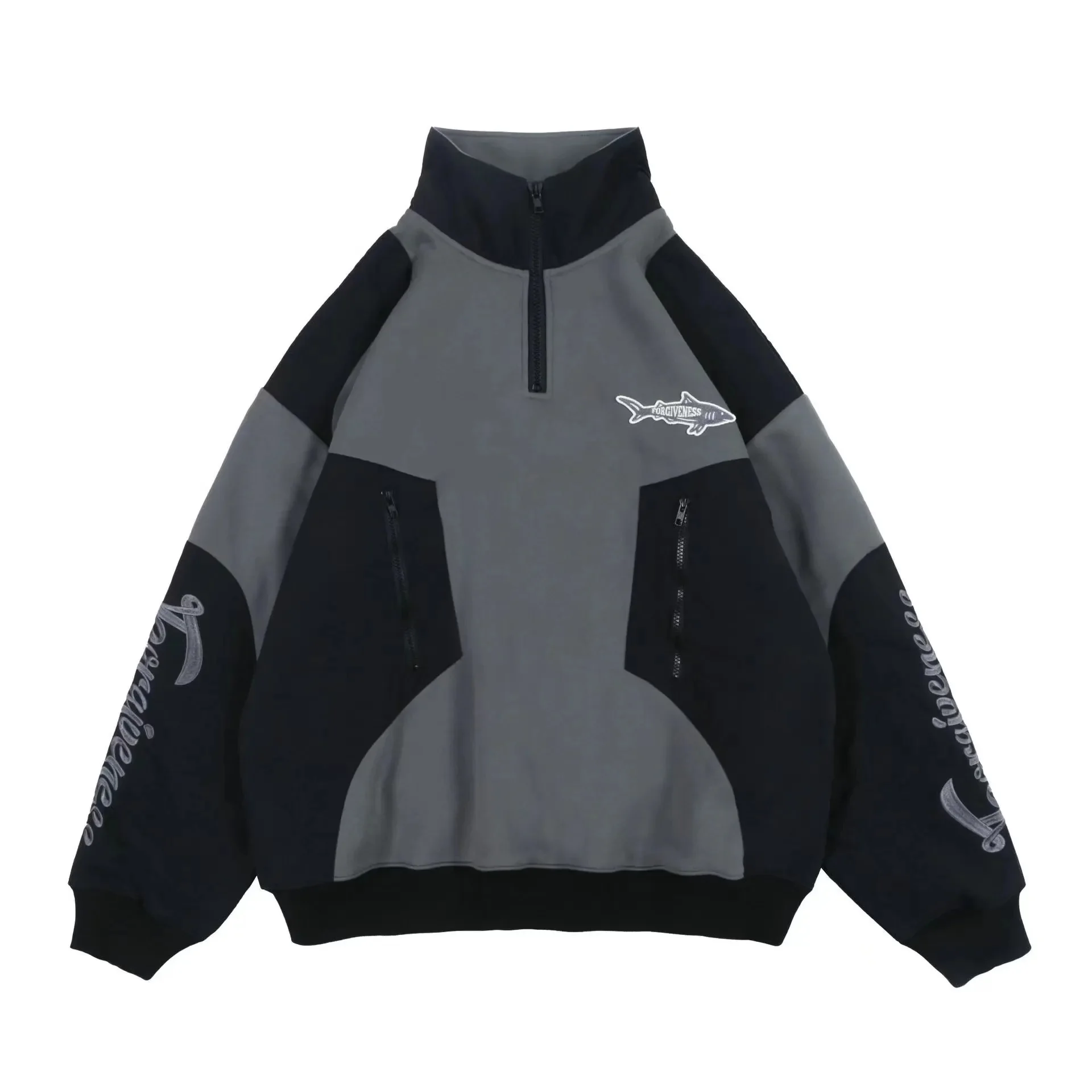 

Half Zipper Stitching Plus Fleece Street motorcycle overcoat hoodie