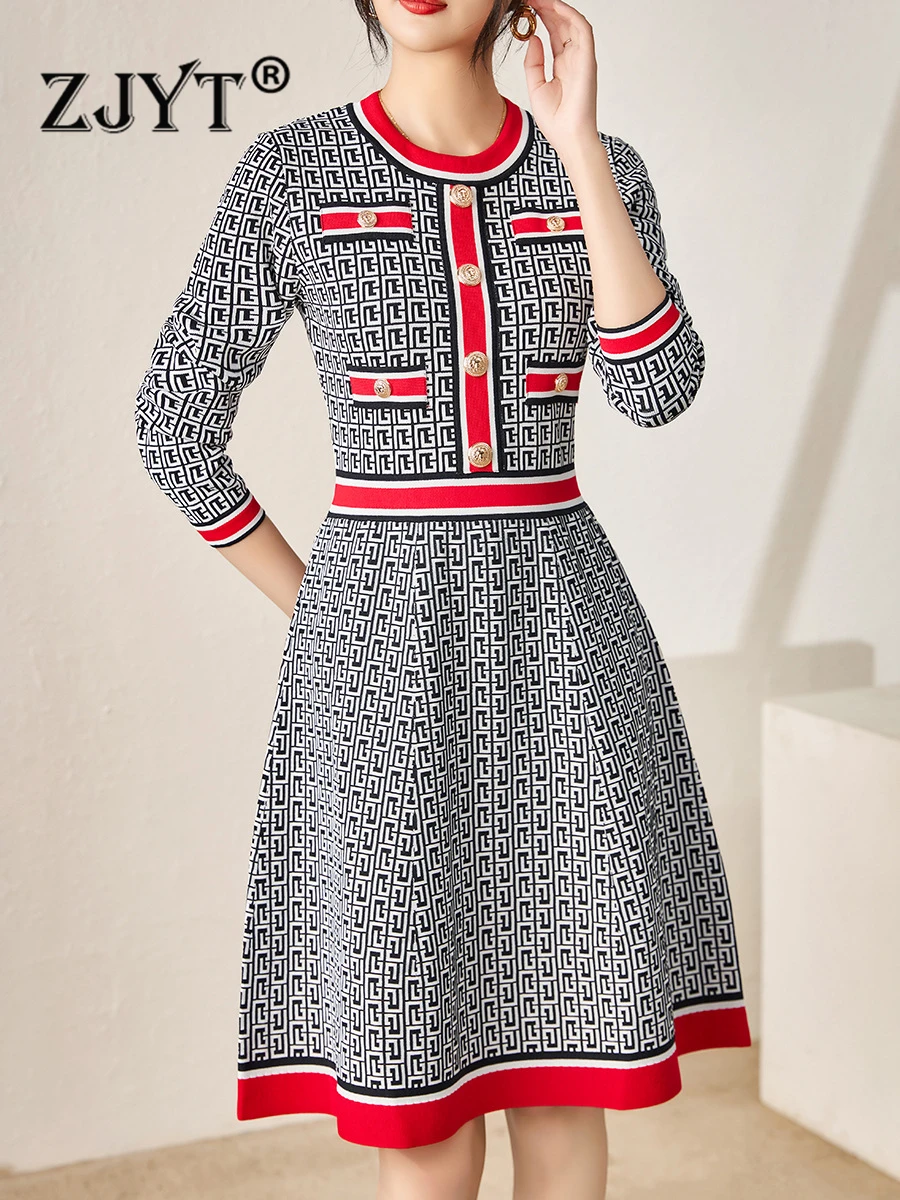 

ZJYT Autumn Winter Geometric Print Knitted Sweater Dresses for Women 2023 Fashion Vintage Casual Basics Vestido Long Sleeve Robe