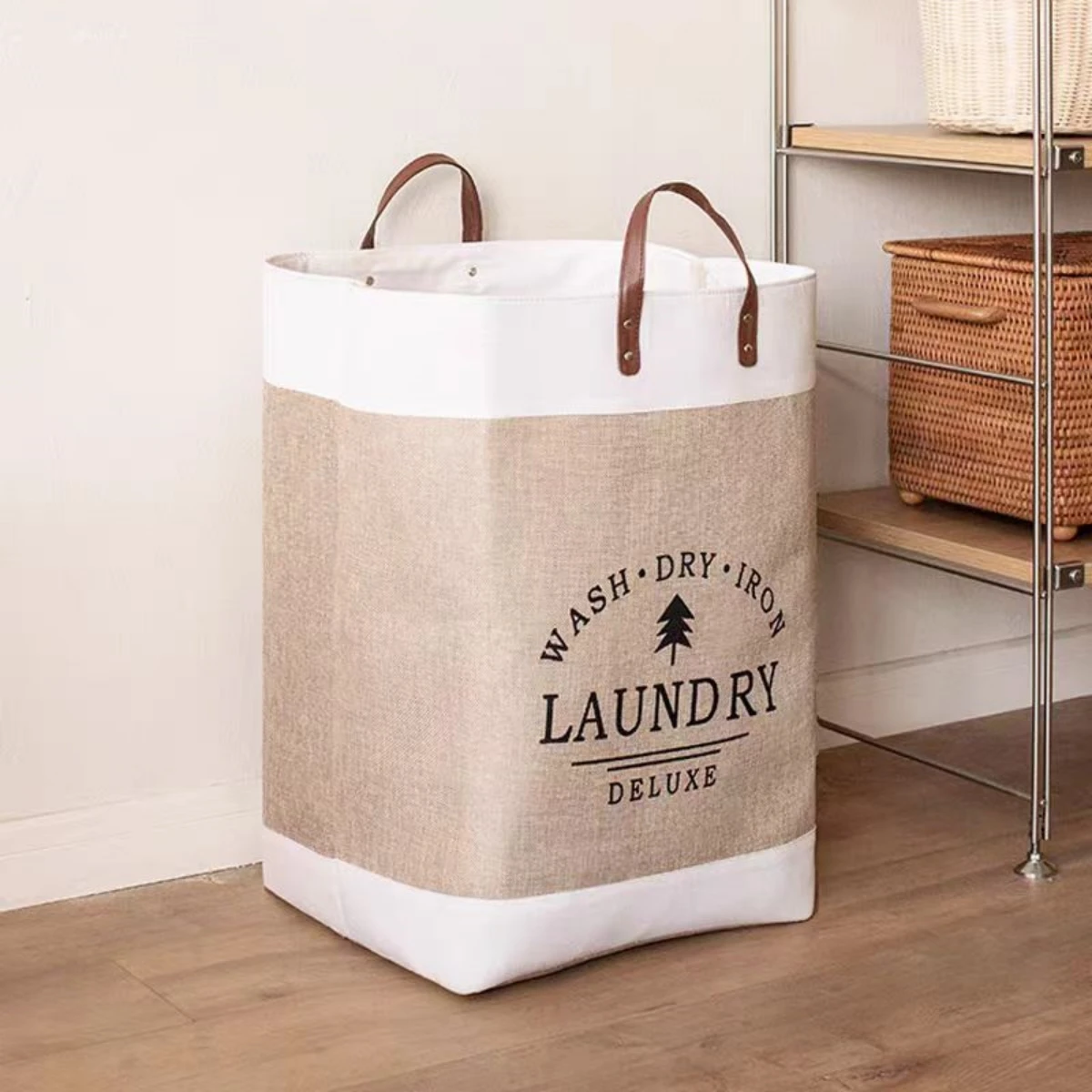 Linen Clothes Patchwork Letter Printing Collapsible Laundry Basket with Leather Handles for Storage Toys and Clothing 1PCS laundry basket portable hamper
