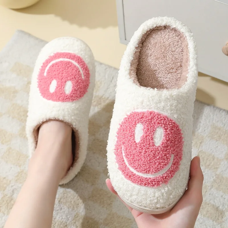 Fashion Couple Winter Toe Wrap Warm Smile Print Slippers Thick Soft Sole Slides Men Women Indoor Floor Flat Home Non-slip Shoes