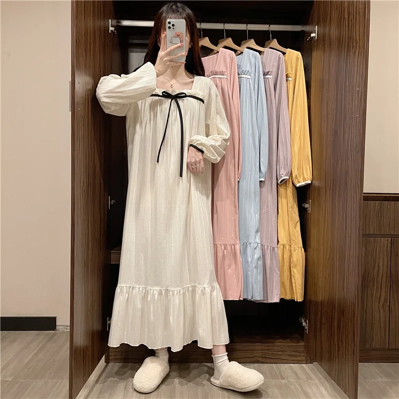 새로운 긴팔 잠옷 여성 봄, 가을 여름 학생 공주 바람 빅 사이즈 드레스 잠옷 잠옷 Homewear