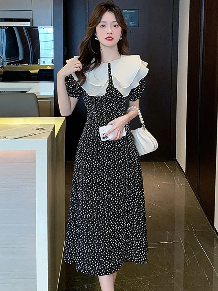 

2024 Black Floral Chiffon Chic Doll Collar Midi Dress Summer Short Sleeve Casual Ruffled Dress Women Korean Vintage Elegant Robe