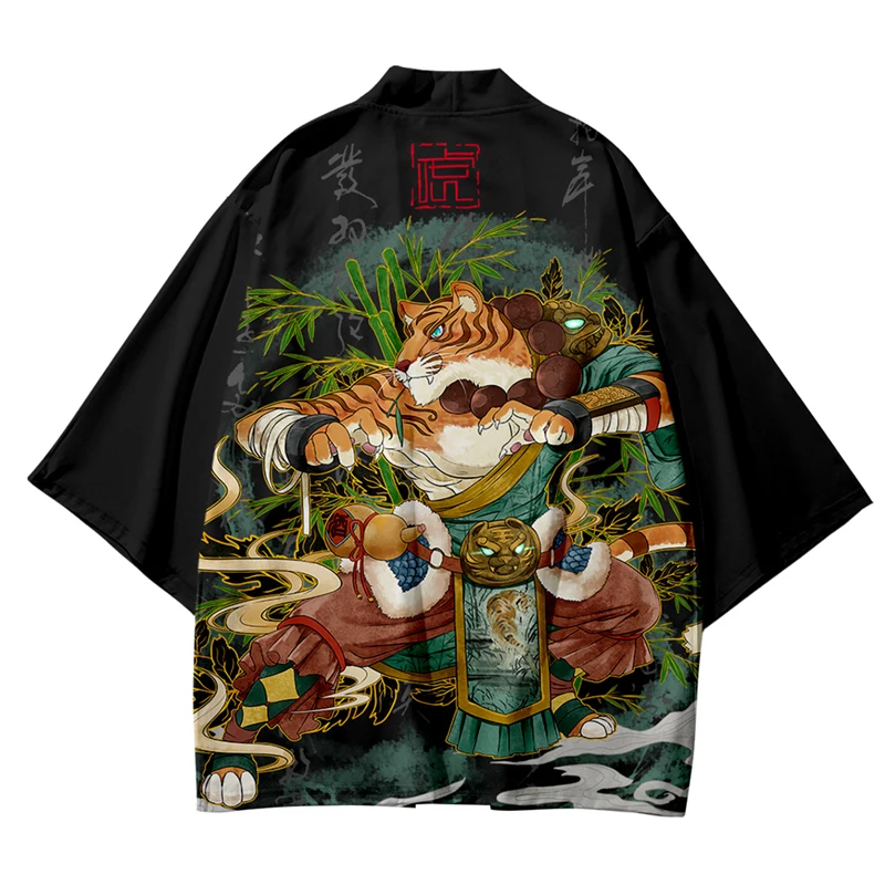 

Men Women Cardigan Robe Black Clothes Japanese Tiger Samurai Print Kimono Cosplay Summer Yukata Anime Haori Clothing