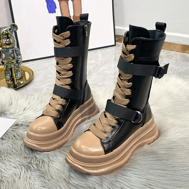 Platform Boots PU Leather Mid-Calf Combat for Women