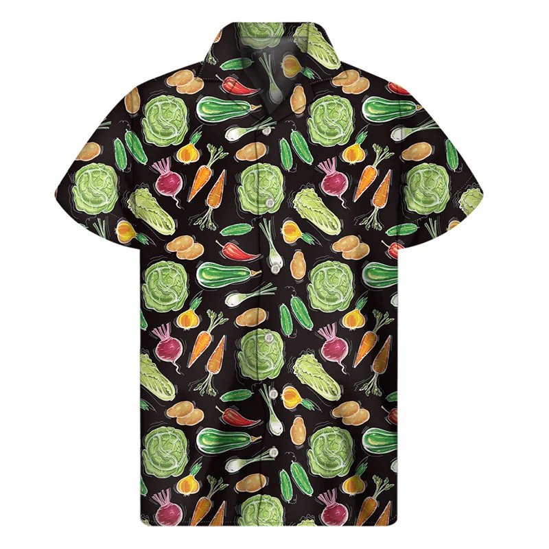 thumbnail image 1 of Camisa con estampado de vegetales creativos para hombre, ropa con estampado 3D, camisas hawaianas de verano, blusas de manga corta con botones y solapa suelta, blusa Aloha, 1 of 5