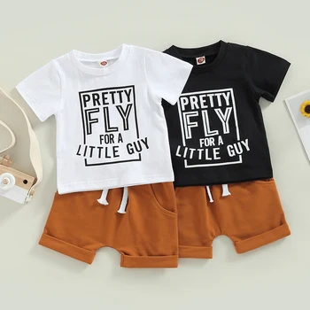 Toddler Boy Summer Clothes Set Short Sleeve Round Neck Letter Print T-shirt + Solid Color Drawstring Shorts Boys Outfits 1