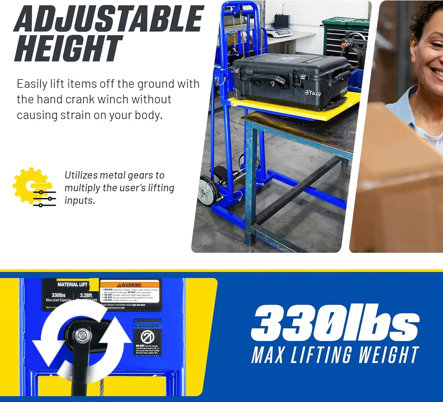 Material Lift Winch Stacker, Pallet Truck Dolly, 330 Lbs 40" Max Lift w/ 8" Wheels, Swivel Casters [Patent Pending]