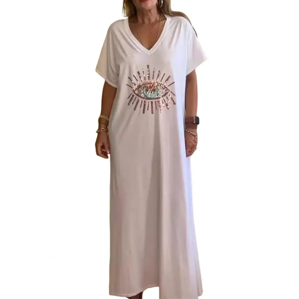 

Summer Women Dress Shiny Sequin Eye Print Loose Short Sleeves Ankle Length Pullover vestidos de fiesta elegantes 2024