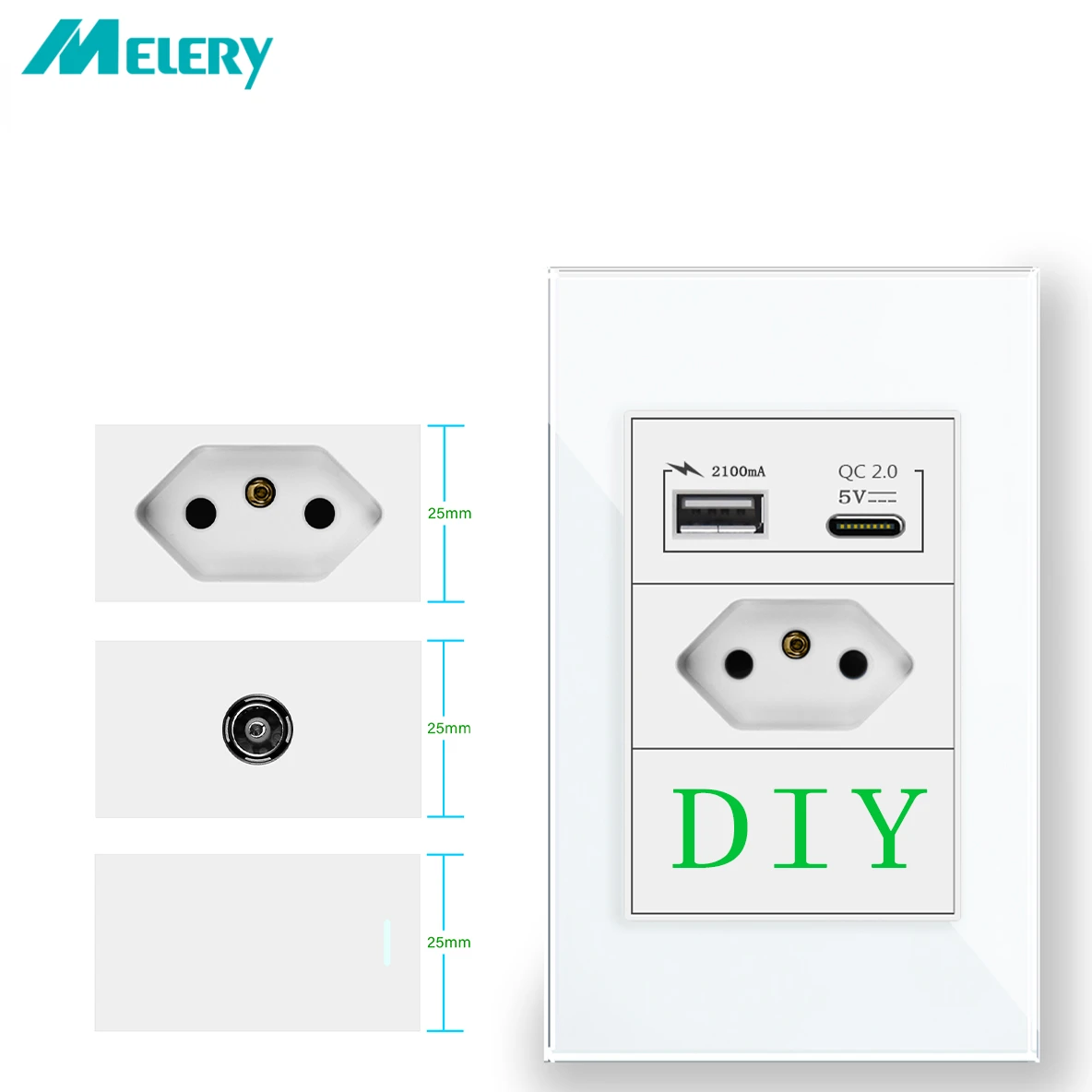 Melery Brazil 20A Outlets DIY Custom Switch Socket Type-C USB Cable TV Port Module BR Electric Wall Plug Home Blank Accessosies