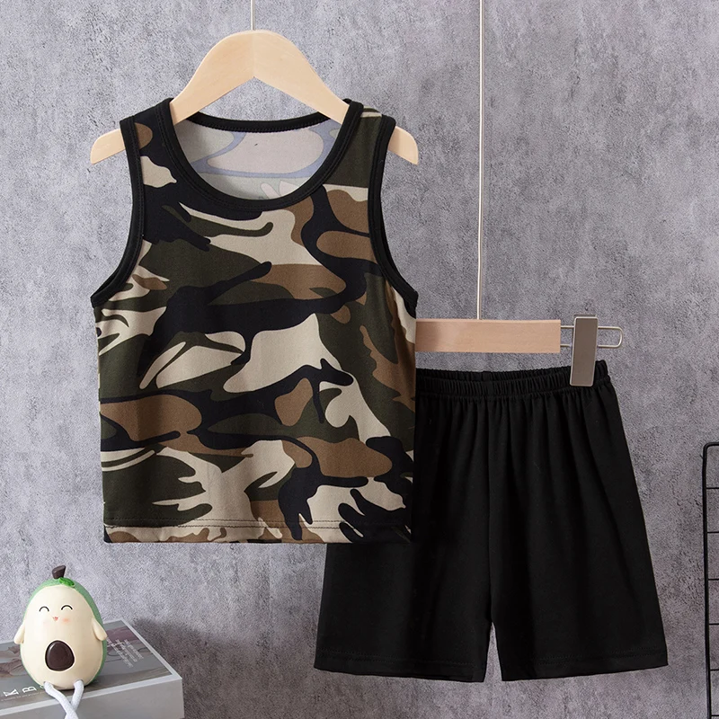 2-Piece Boy Summer Fun Printing Set Children's Casual Joker Camo Dinosaur Vest Girl Fashion Holiday Comfort Shorts T-shirt Set 5