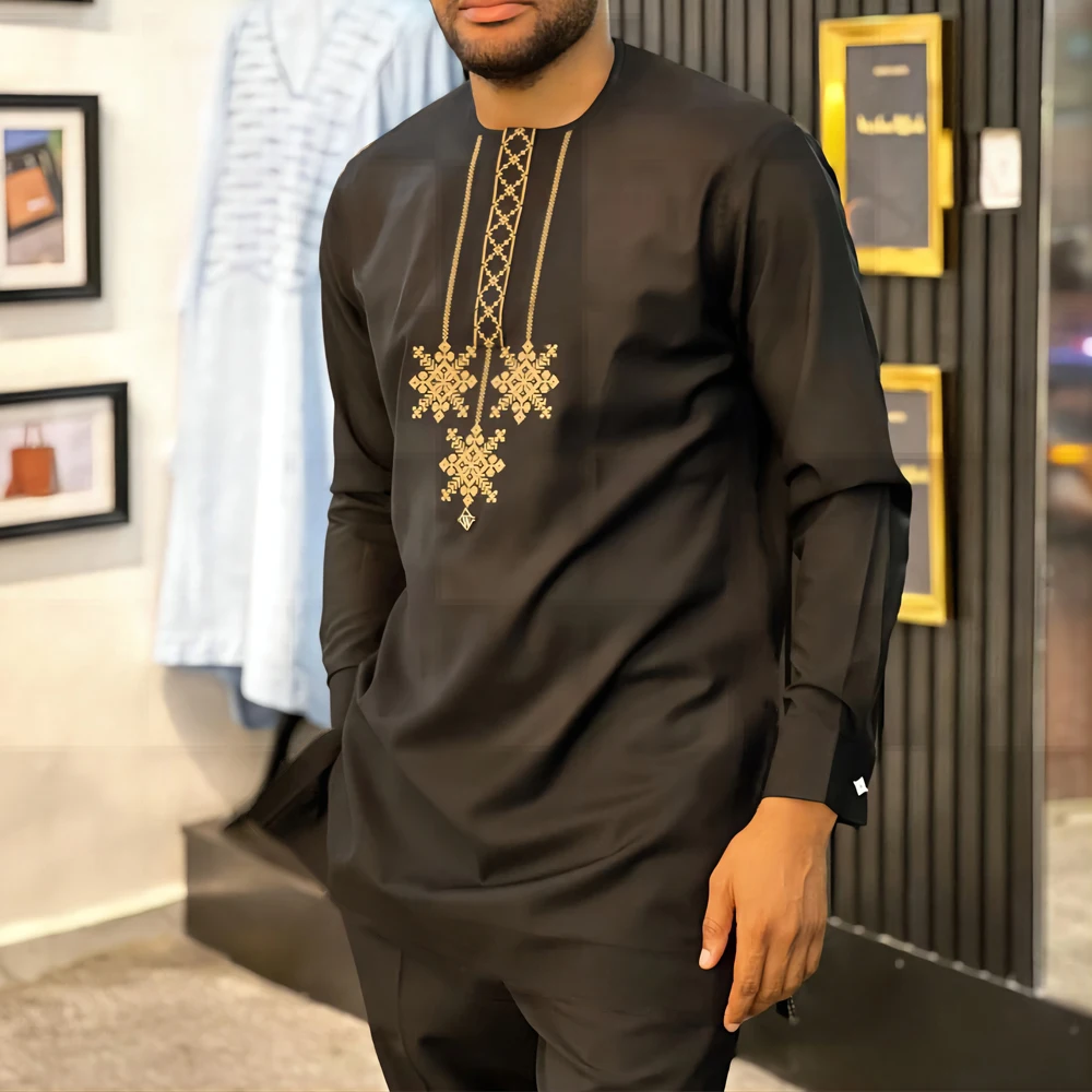 New Popular Men's Elegant Suit Pants Set Solid Color Round Neck Embroidered Long Sleeves Party Social Ethnic Style (M-4XL)