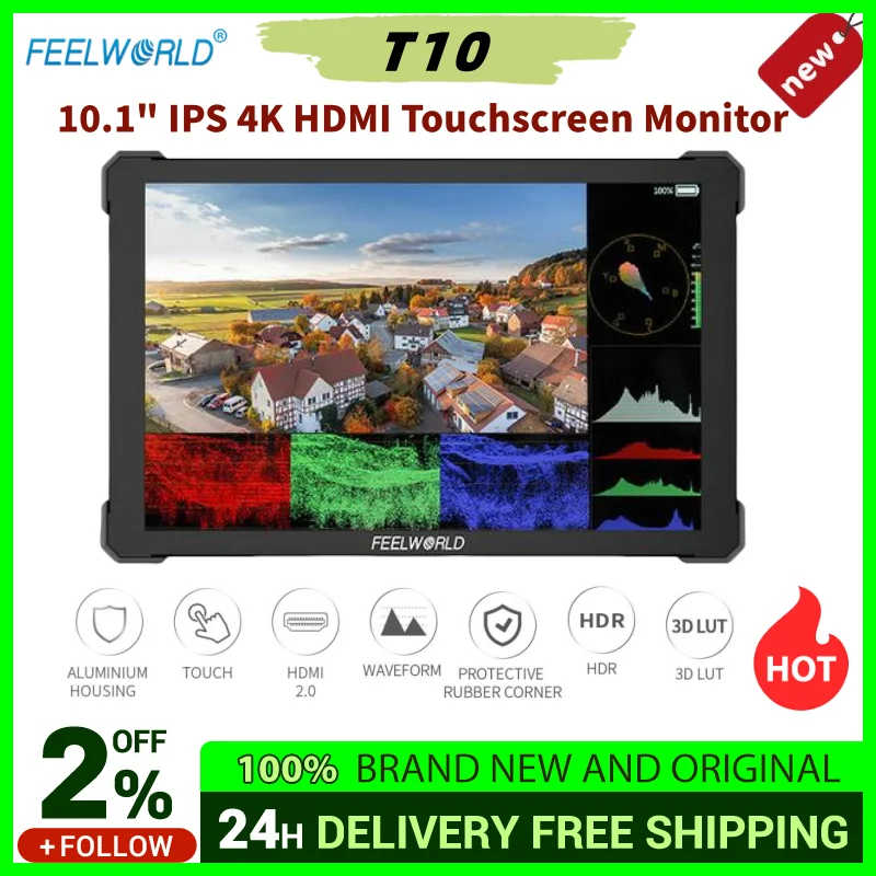 FEELWORLD T10 10.1" IPS 4K HDMI Touchscreen Monitor 1920*1200 500Nit 1500:1 Contrast DSLR Camera Monitor for Interview Recording