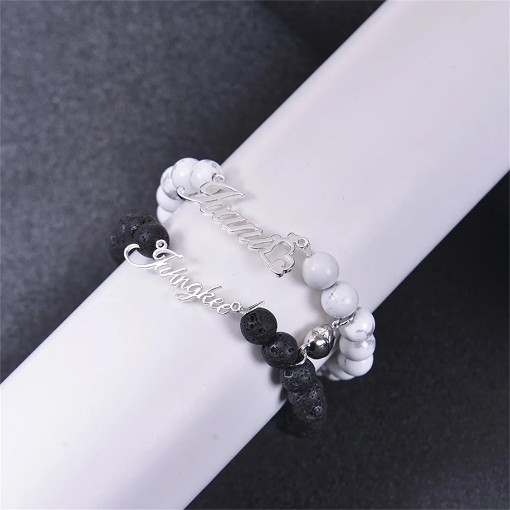 

2022 New Natural Stone Custom Name Bracelet White Howlite Beads Bracelet Lovers Heart Magnet Couple Bracelets Distance Jewelry