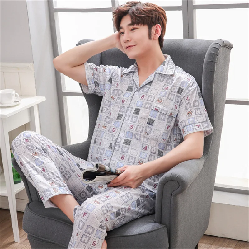 Summer Men's Thin Knitted Cotton Pajamas Short Sleeve Pants Fashion Loose Fit Casual Oversized Home Clothing Set