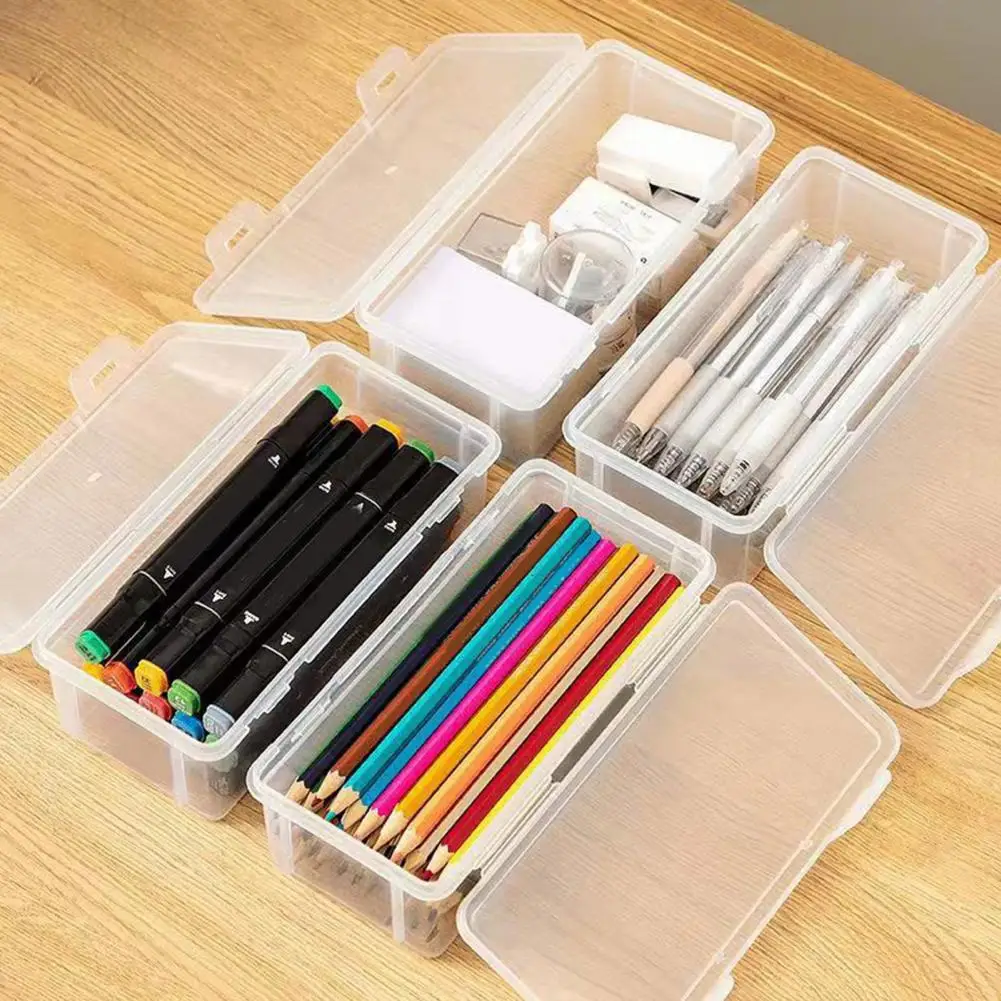 Stackable Pencil Storage Box Transparent Stationery Storage Box Pen Holder Simple Clear Student Desktop Snap-on Lid Pen Case pen holder,desktop storage box,stationery organizer,stationery storage box,pen pencil case