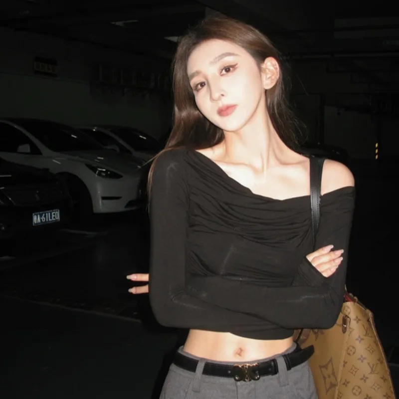 

Long Sleeve T-shirts Women Summer Spicy Girls Solid Simple Skinny Sexy Streetwear Korean Fashion All-match Pleated Designed Chic