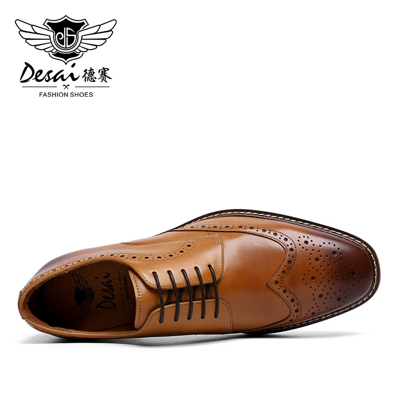 DESAI genuine leather business formal Derby shoes thick soled height increasing leisure shoes brogue carved handmade men's