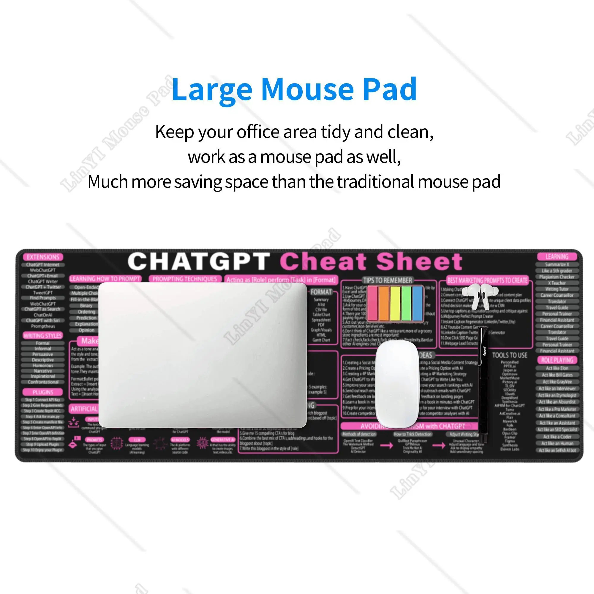 Chat GPT Cheat Sheet Mouse Pad Gift for Computer Programmer Gift for Hacker Unique Pink Mouse Mat for Office Work 31.5x11.8 Inch 6