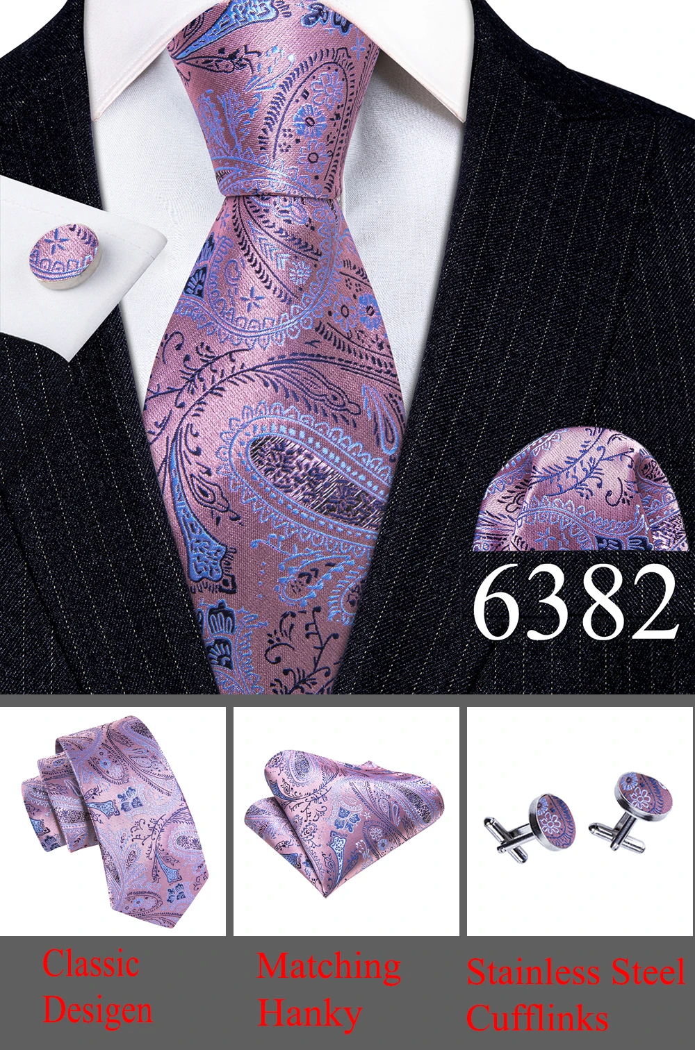 Designer-Krawatte für Herren Gold Silber Paisley-Muster Einstecktuch Manschettenknöpfe Set Hochzeitsgeschenk Elegante Corbatas 6235 – Detail 24