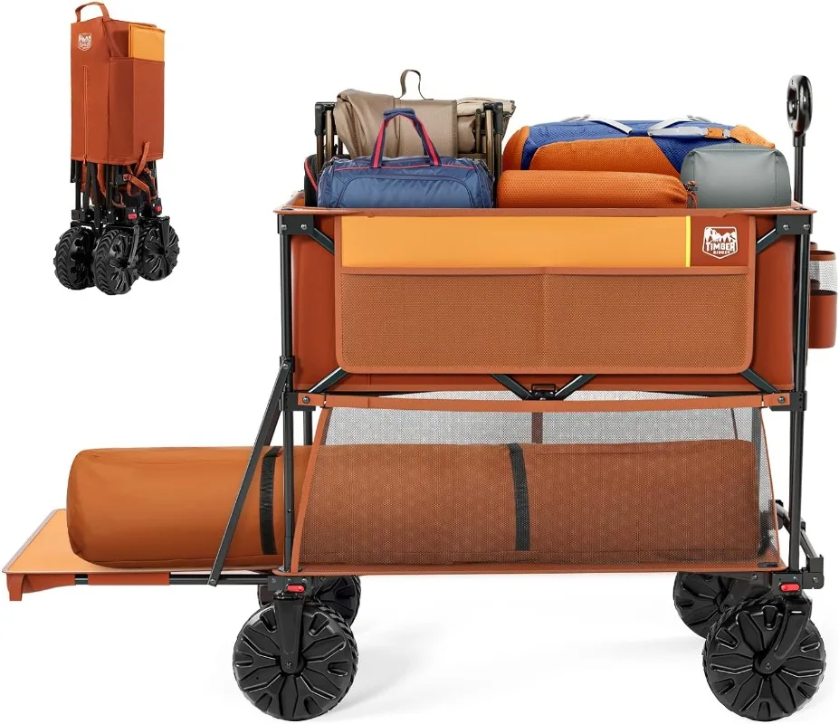 

400L Folding Double Decker Wagon, 54" Extra Long Extender Wagon Cart, 450lbs Heavy Duty Collapsible Wagon,All-Terrain Big Wheels