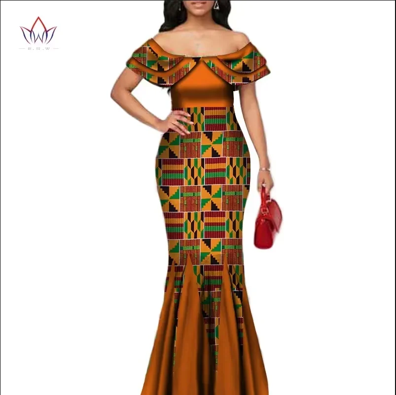 Fashion African Print Long Mermaid Dress for Women Bazin Rich Patchwork Peter Pan Colla Dresses African Design Clothing WY3272
