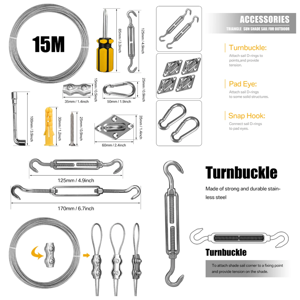 Stainless Steel Shade Sail Wire Kit Plant Training Garden Wire Rope Kit for Sun Shelter 2mm Stainless Steel Canopy Hanging Ropes sun shade hardware kit