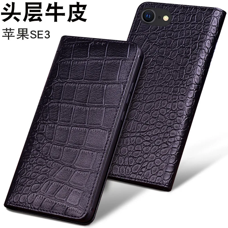 Hot Sales Luxury Lich Genuine Leather Flip Phone Case For Iphone Se 3 Se3 Real Cowhide Leather Shell Full Cover Pocket Bag
