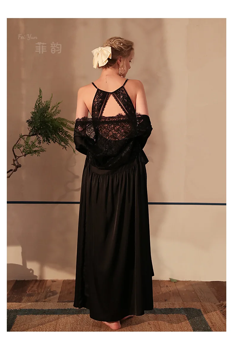 Frühling Sommer Sexy Seide Satin Spitze Nachtwäsche Kleid Lange Ärmeln Bademäntel Für Frauen Lose Hause Kleidung Casual Nachtwäsche Robe – Detail 5