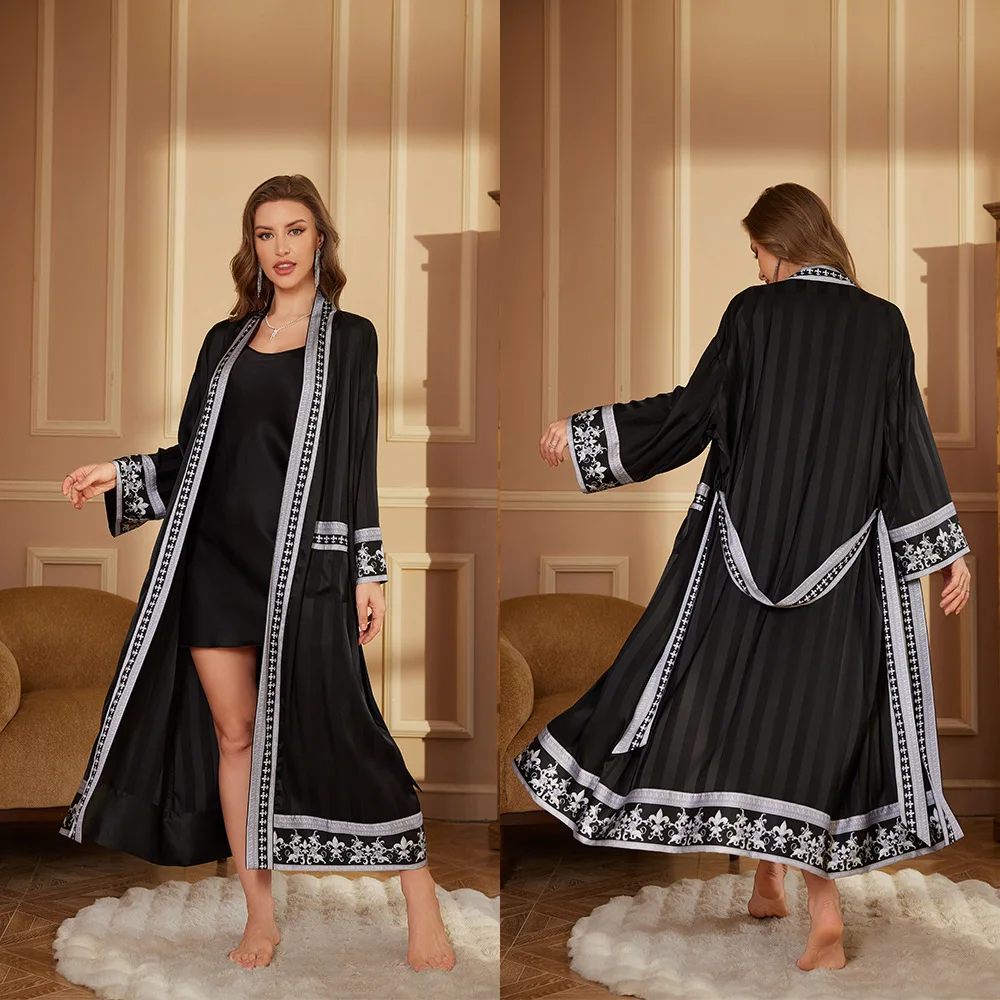 Autumn New Baroque Style Couple Nightgown Long Sleeve Robe Long Morning Robe Luxury Silk Satin Bathrobe Home Clothes