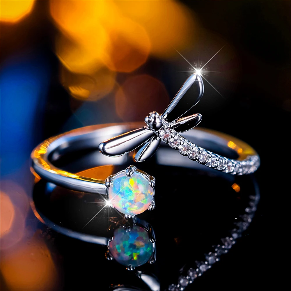 Charm Female White Fire Opal Round Stone Adjustable Open Ring Silver Color Cute Gift Wedding Jewelry For Women