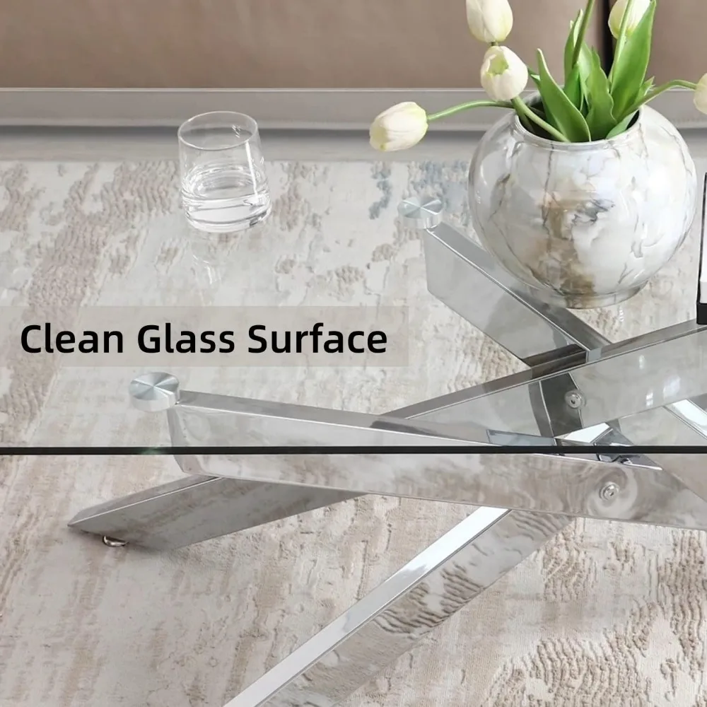 Rectangle Modern Coffee Table, Tempered Glass Top and Metal Tubular Leg, 47.3”Lx23.6”Wx18.1”H,  glass coffee table 4