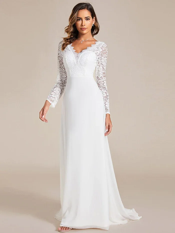 

Elegant Hollow Lace V Neck Long Sleeves Eyelash Edge Bodycon Mermaid Chiffon Wedding Dress